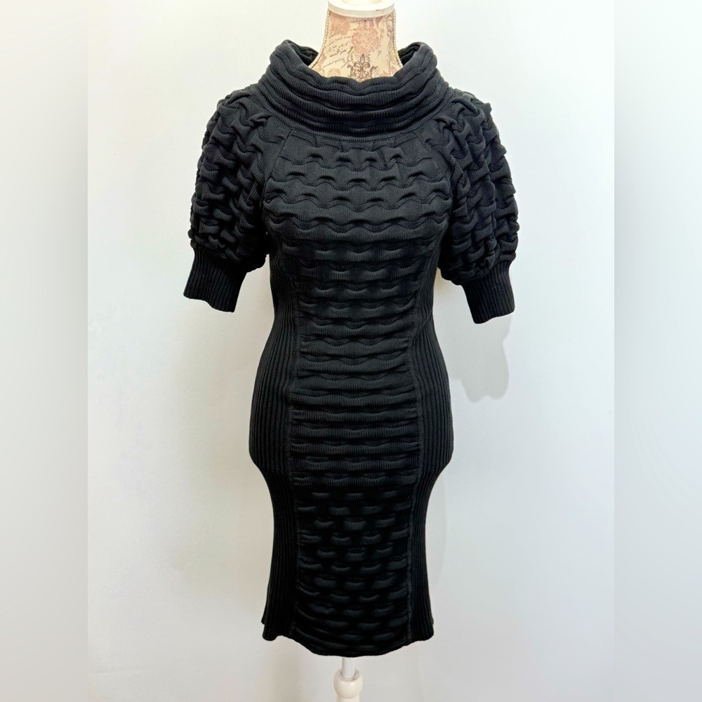 MALANDRINO Black textured cowl neck puff sleeve mini dress size L